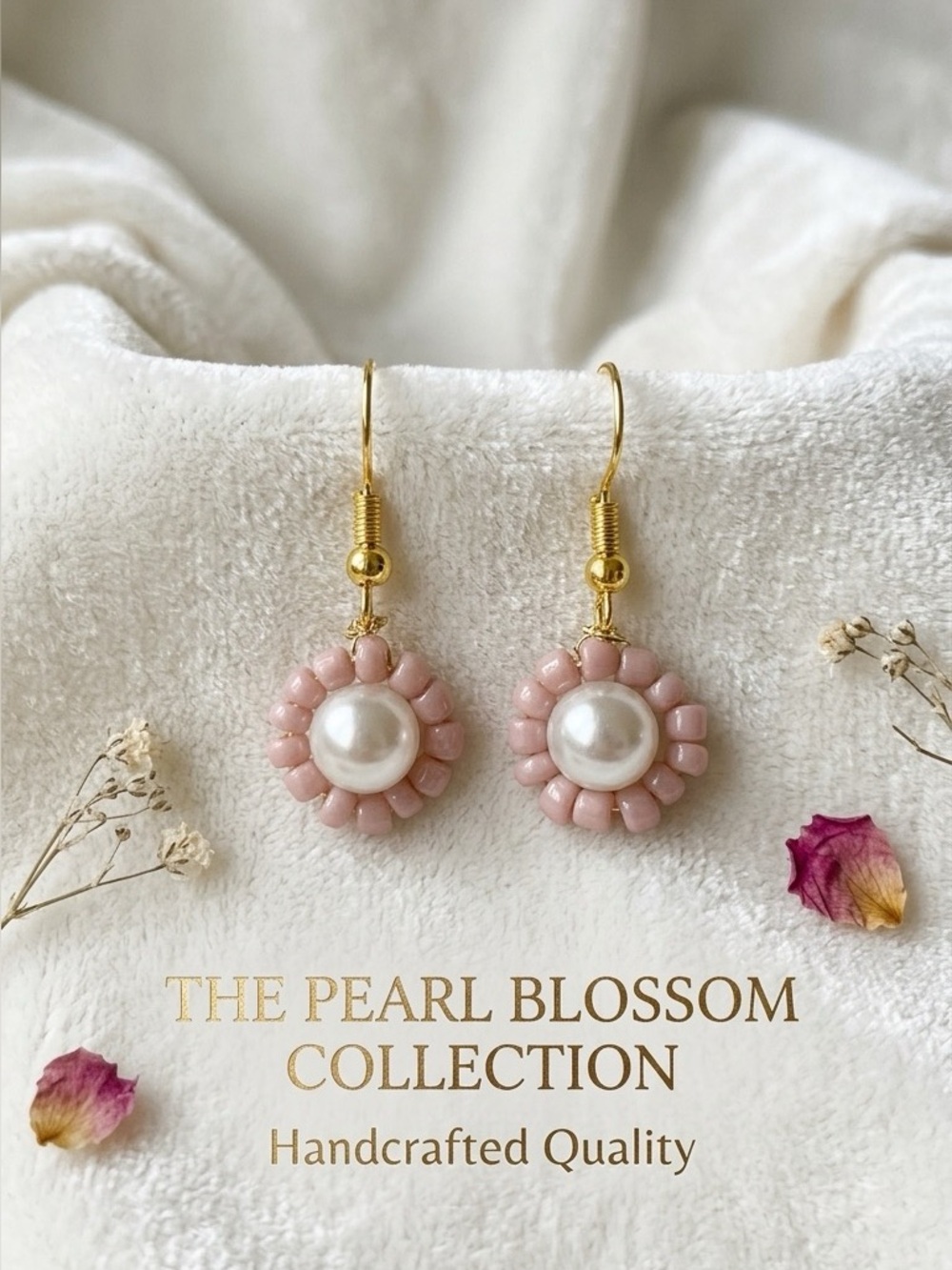 ❤️Dainty Pink Pearl Flower Drop Earrings - Handcrafted